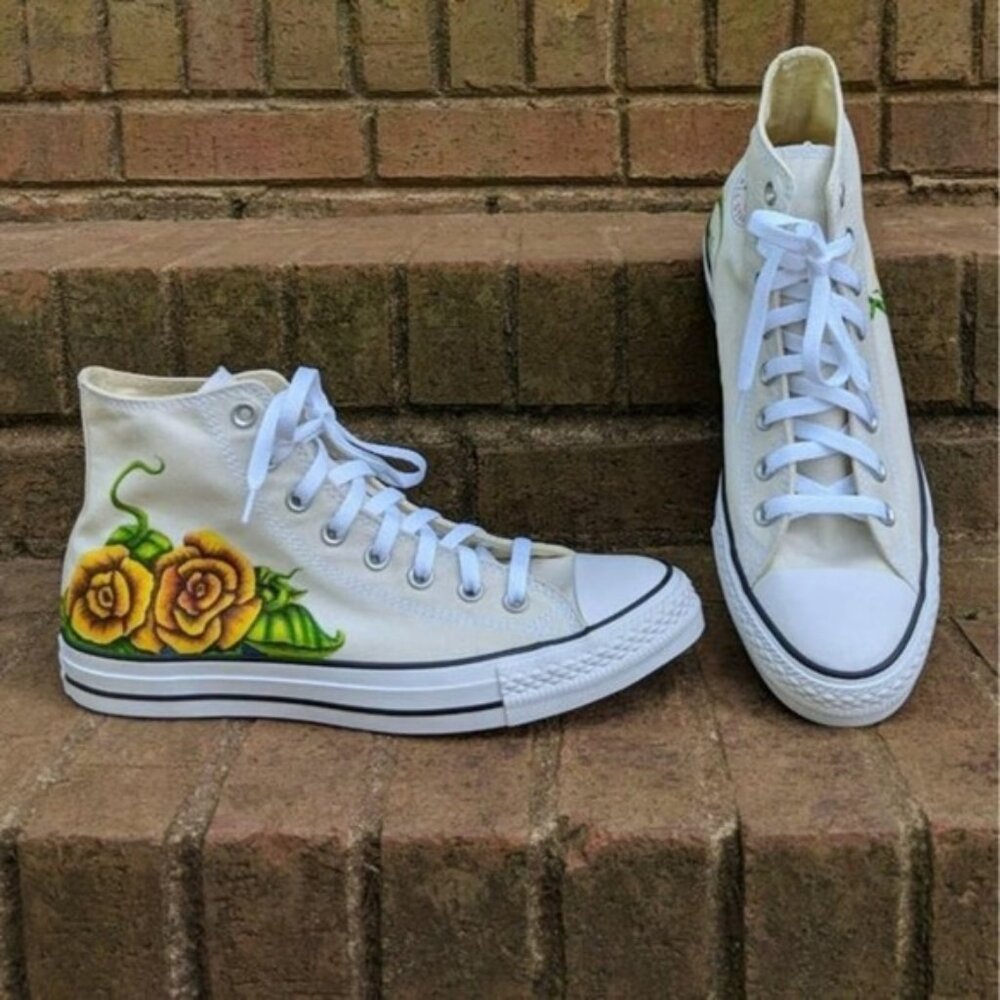 Converse High Tops W 11 M 9 Yellow Roses Wearable Art Custom Floral Hand Drawn